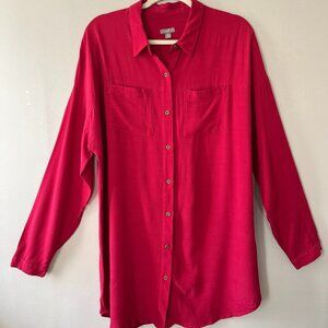 J. Jill Sz L Tall Red Crepe Oversized Drapey Button Down Tunic Blouse Pockets‎